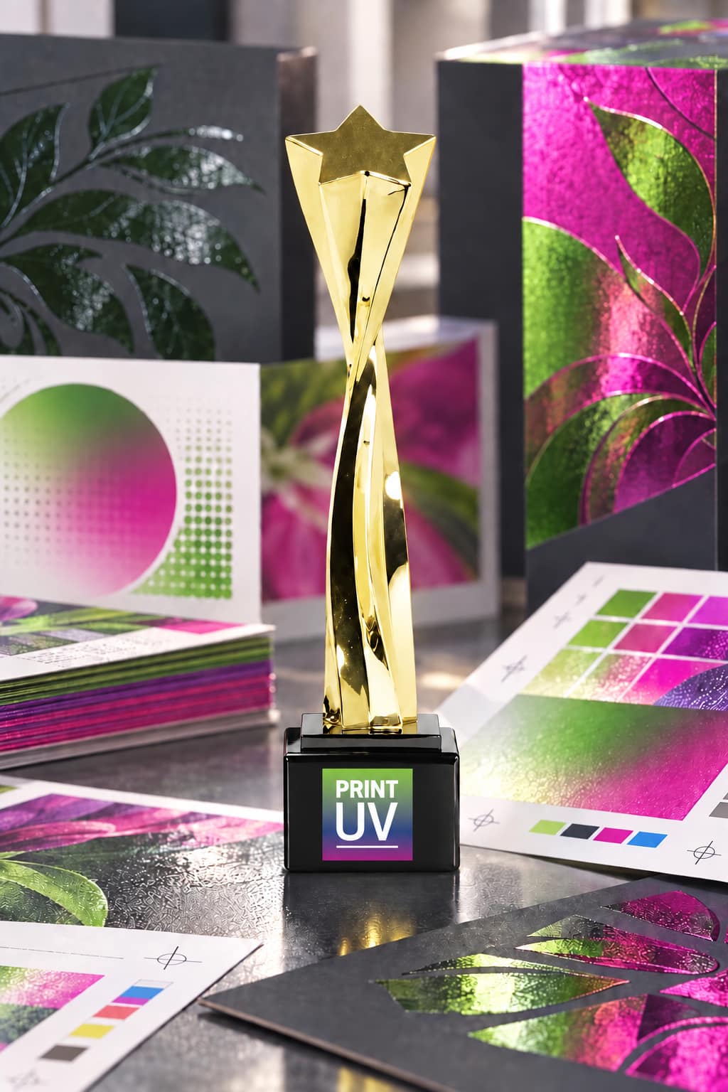 A gold star trophy on a black Print UV base stands among holographic print sheets, color bars and special-effects press samples