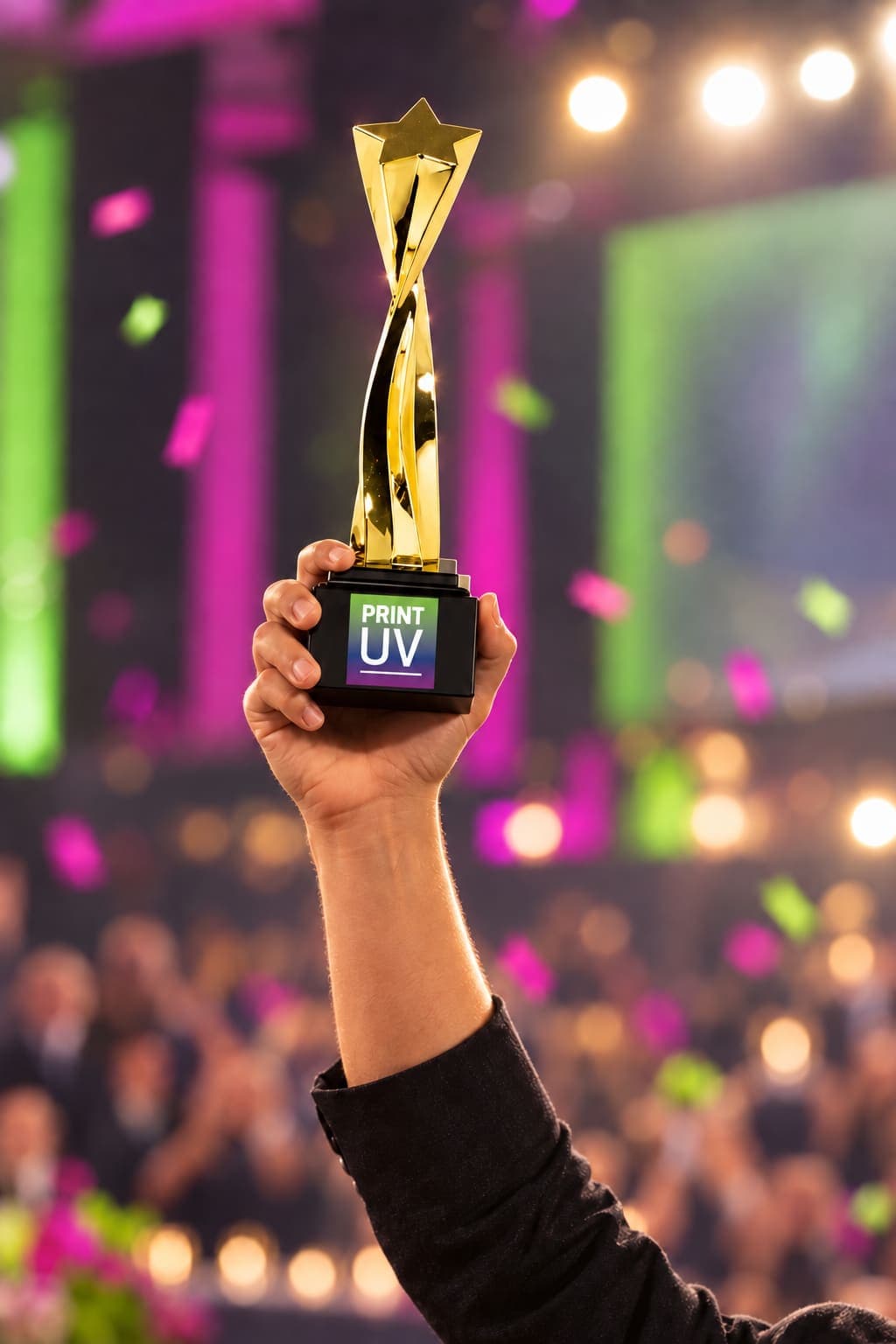 A raised arm holds a gold star trophy whose black base carries the Print UV mark, against a dark stage washed in green and magenta light
