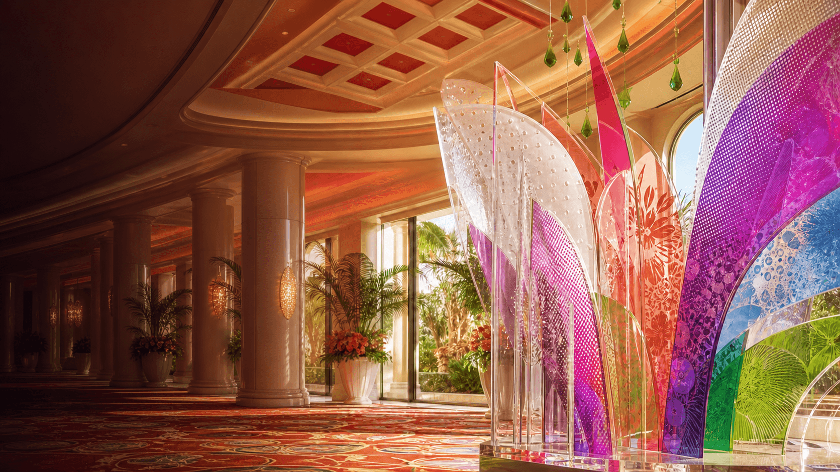 A warm resort gallery transitions from a dark corridor into a luminous installation of transparent substrates printed with vivid UV inks and dimensional clear effects
