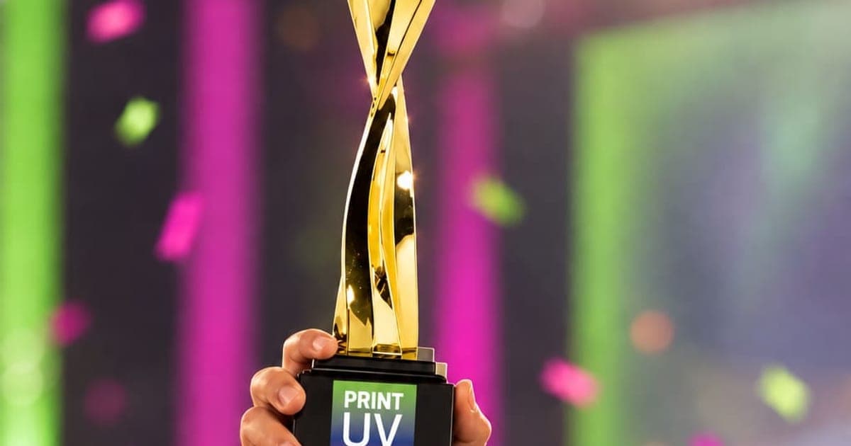 A raised arm holds a gold star trophy whose black base carries the Print UV mark, against a dark stage washed in green and magenta light
